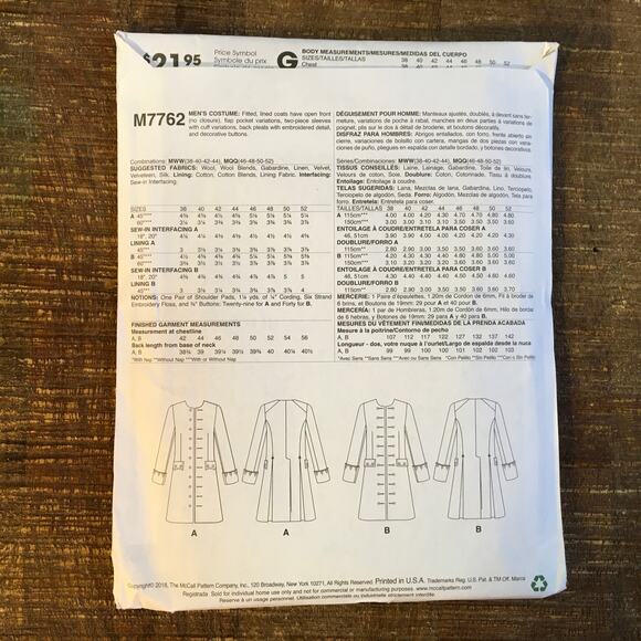 McCalls Sewing Pattern M7762 Mens Outlander the Series Jacket 38 40 42 44 UNCUT - Picture 2 of 2